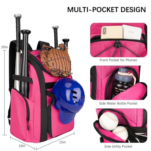 Goloni Baseball Bag, 60L Capacity Softball bag Holds 4 Bats for Youth & Adult, Baseball Bat Backpack with Shoes Compartment,Helmet Holder,Fence for Hook T-Ball, Softball Equipment, Baseball Gear - color: Pink