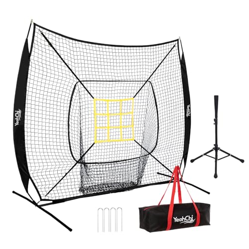 7x7 Ft Baseball and Softball Training Net with Batting Tee, Strike Zone Target, Portable Hitting and Pitching Practice Set - color: Black