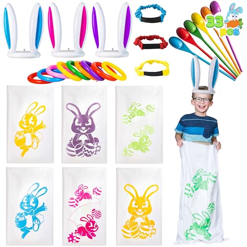 JOYIN Easter 33PCS Potato Sack Race Jumping Bags, Spoon and Egg Race, 6 Players Legged Relay Race Bands Elastic Tie Rope for Easter Theme Party Favor, Outside Lawn,Eggs Hunt Game Activities