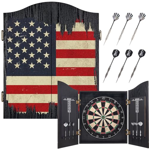 Sisal Dart Board Cabinet Sets, Dartboard with Scoreboard for Adults| Premium Sisal Bristle, Comes with 6 Steel-tip Darts - color: USFlag