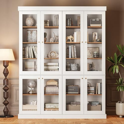 Vyre 70.8" Tall White Bookshelf with Glass Doors, Farmhouse Modular Bookcase with 6-Tier Adjustable Shelves, Large Storage Cabinet for Home Office, Living Room, Set of 2 - color: White