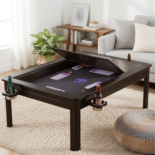 Solid Wood Board Game Coffee Table with Removable Top, 3-in-1 Gaming and Dining Table Includes Play Mat & Detachable Cup Holders, 48" L x 33" W - color: Black Walnut01