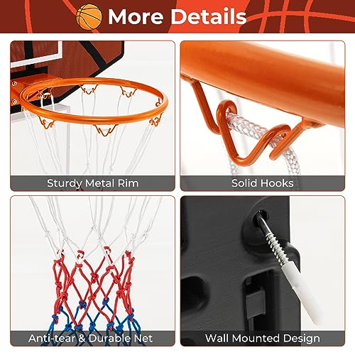 Goplus Wall Mount Basketball Hoop, 26" x 17.5" Indoor Outdoor Basketball Games w/Large Shatter-Proof Backboard, Anti-Tear Net, Door Wall Mounted Basketball Playset for Backyard