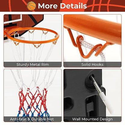 Goplus Wall Mount Basketball Hoop, 26" x 17.5" Indoor Outdoor Basketball Games w/Large Shatter-Proof Backboard, Anti-Tear Net, Door Wall Mounted Basketball Playset for Backyard