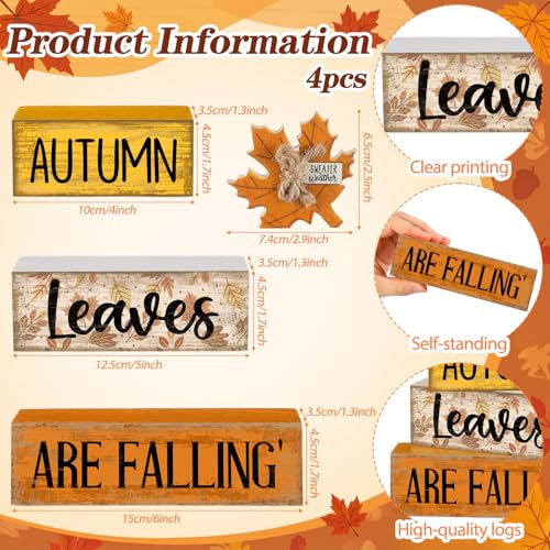 Lineshading 4 Pcs Fall Decoration for Home Wooden Maple Leaf Thanksgiving Table Centerpiece Rustic Thanksgiving Tiered Tray Decor Decorative Autumn Leaves Block Sign Farmhouse Autumn Decor for Kitchen - style: Autumn Leaves