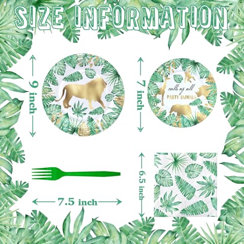 Gold Safari Jungle Party Supplies – Disposable Plates, Napkins, Green Forks – Tropical Leaves Tableware for Wild One Birthday, Baby Shower, Gold Animal Theme Decorations - style: Gold Safari