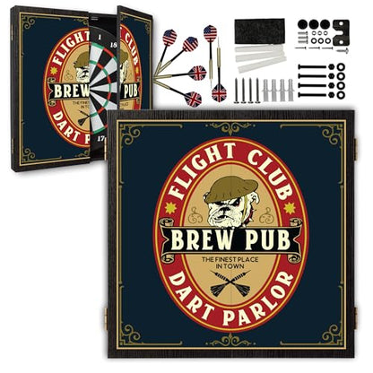 Personalized Dart Board Cabinet Set with 6 Steel Tip Darts, Paper Dartboard, Chalk & Eraser (21.5 x 21.5 x 2.75) - Man Cave Dart Boards for Adults - style: Brew Pub Dart Parlor