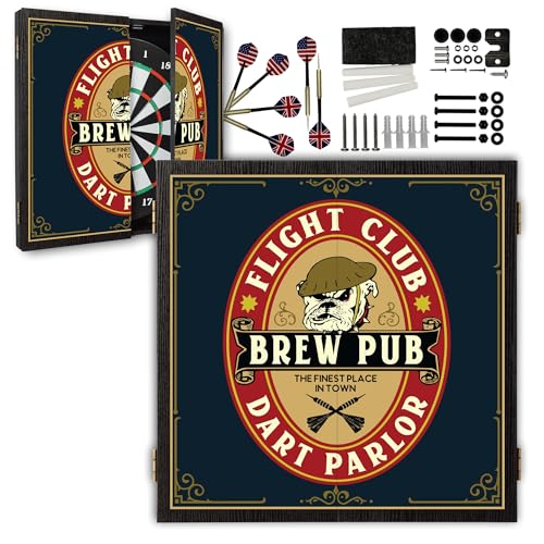 Personalized Dart Board Cabinet Set with 6 Steel Tip Darts, Paper Dartboard, Chalk & Eraser (21.5 x 21.5 x 2.75) - Man Cave Dart Boards for Adults - style: Brew Pub Dart Parlor