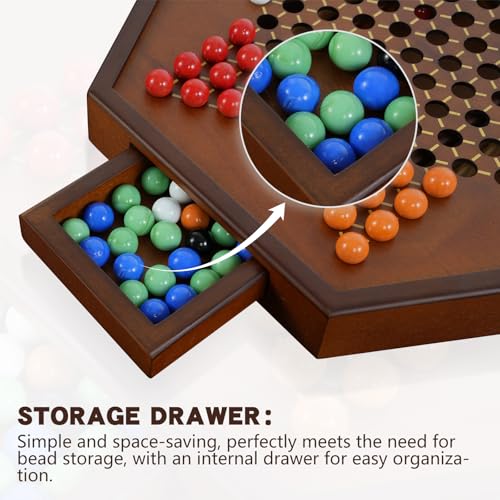 15" Large Upgraded Wooden Chinese Checkers Game Board – Premium 16mm Glass Marbles (60 + 12 Extras), Easy Grip, Storage Drawer, Ideal Multi-Player Puzzle Game for 2-6 Players