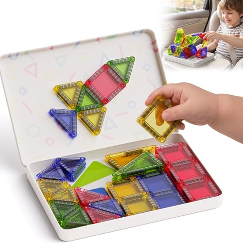 Mini Magnetic Tiles for Kids Travel: 40 PCS Cartoon Tin Box Magnet Building Blocks to Stop Crying - 60 Mins Quiet Play 30s Cleanup - Birthday Gift Boys Girls Age 3-8 - style: Colorful 40PCS