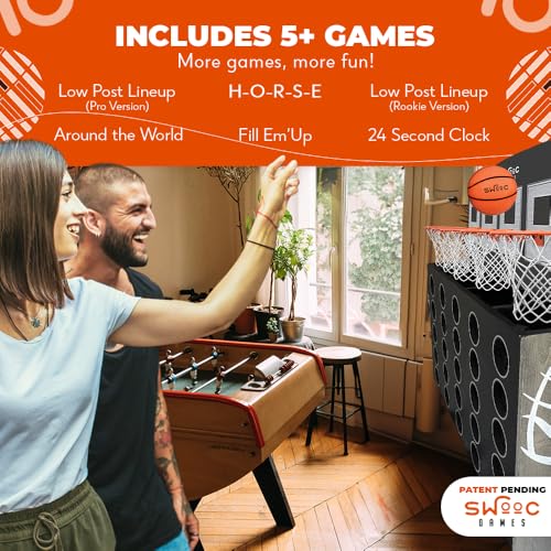 Swooc Games - Low Post Lineup | Wall Mounted Giant Basketball 4 in A Row w/ 5+ Games | Basketball Hoop for Room Wall Games | Game Room Games | Mini Basketball Hoop Indoor Connect | Four in A Row Game
