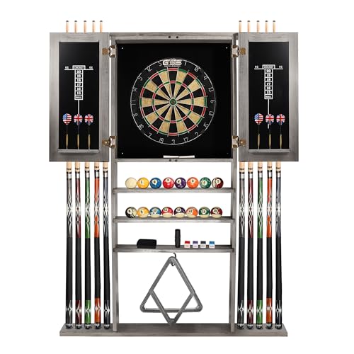 GSE Games & Sports Expert 10 Billiard Pool Cue Rack & Dart Board Cabinet Combination, Wall Mounted Billiard Pool Cue Rack Only, Dartboard Cabinet Only with Dart Scoreboard - color: Brushed Grey
