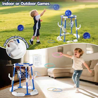 Sitodier Pool Basketball Hoop for Kids, 2-in-1 Floating Pool Water Play Toys and Ring Game with 4 Balls and Pump, Outdoor Summer Swimming Pool Basketball Games Family Party for Kids Adults (Blue)
