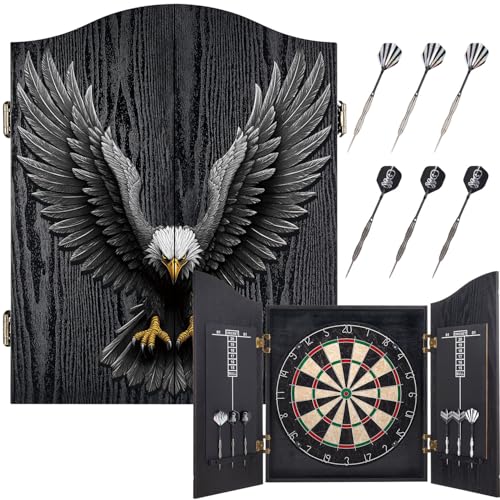 Sisal Dart Board Cabinet Sets, Dartboard with Scoreboard for Adults| Premium Sisal Bristle, Comes with 6 Steel-tip Darts - color: EagleB