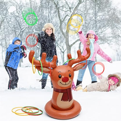 Christmas Reindeer Ring Toss Game for Kids, Inflatable Reindeer Antler Toss Party Games with Pump and Rings, Christmas Party Games for Family, Holiday Indoor Outdoor Fun Toys Xmas Decorations
