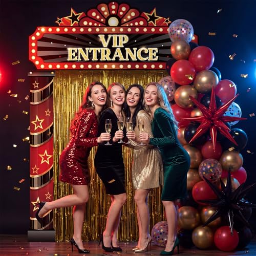 Peryiter 122 Pcs Movie Night Party Decorations VIP Entrance Backdrop Banner Set Red & Black Foil Fringe Curtain Balloon Arch Kit Movie Themed Supplies for Birthday Film Premiere - style: Movie Night