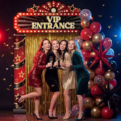 Peryiter 122 Pcs Movie Night Party Decorations VIP Entrance Backdrop Banner Set Red & Black Foil Fringe Curtain Balloon Arch Kit Movie Themed Supplies for Birthday Film Premiere - style: Movie Night