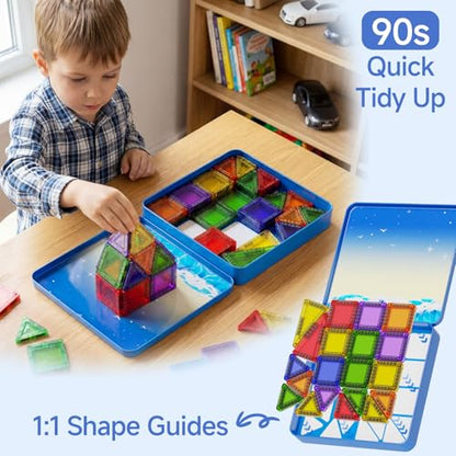 WMXDU 60 PCS Magnetic Tiles Travel Set for Kids, Portable Magnetic Building Blocks with Tin Box, Car Rides Airplane Road Trip Activities, Birthday Gift for Boys - style: 60pcs-Blue