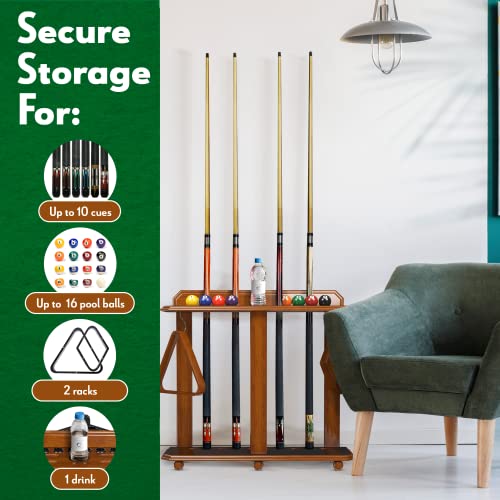 Pool Stick Rack - Cue Rack Only - Wood Floor Stand Holds 10 Pool Sticks and a Full Set of Balls - Billiards Accessories – Black