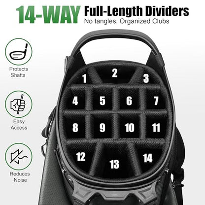 14 Way Full Length Dividers Golf Stand Bag, Lightweight Golf Bag with Stand for Men and Women Golf Club Carry Bag with Dual Strap & Rain Cover - color: Green