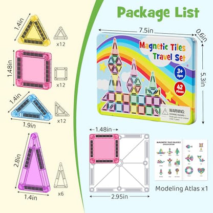 Magnetic Tiles Travel Toys for Kids 4-8, 42PCS Candy Color STEM Building Blocks with Visual Storage Guide & Metal Case, Airplane Activities & Toddler Travel Essentials Ages 3-5 - style: Magnetic Tiles Travel Construction Set - 42PCS