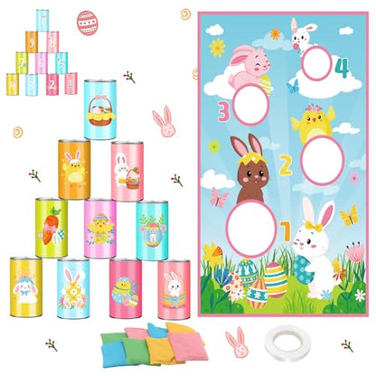 Hollowfly 19 Pcs Easter Can Bean Bag Toss Games Bunny Toss Cornhole Festive Party Throwing Easter Carnival Game Set for Family Outdoor Gatherings Birthdays Party Activities