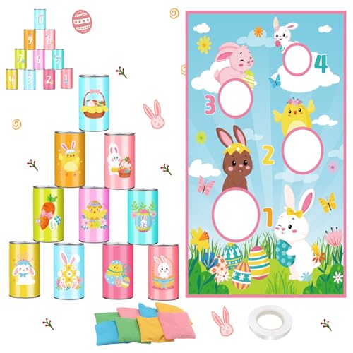 Hollowfly 19 Pcs Easter Can Bean Bag Toss Games Bunny Toss Cornhole Festive Party Throwing Easter Carnival Game Set for Family Outdoor Gatherings Birthdays Party Activities