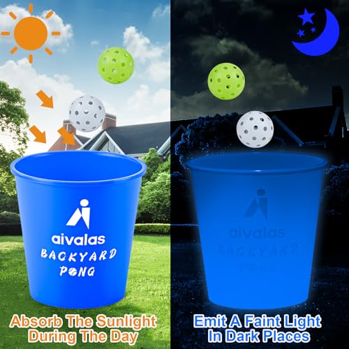Aivalas Yard Pong Outdoor Games Glow Set in Dark, Giant Yard Pong Game for Adults and Family with 12 Buckets, 4 Balls and a Carrying Bag, Giant Pong for Beach, Camping, Lawn and Backyard - color: Blue Glow in Dark