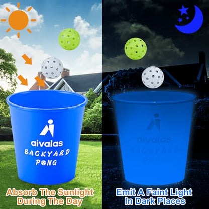Aivalas Yard Pong Outdoor Games Glow Set in Dark, Giant Yard Pong Game for Adults and Family with 12 Buckets, 4 Balls and a Carrying Bag, Giant Pong for Beach, Camping, Lawn and Backyard - color: Blue Glow in Dark