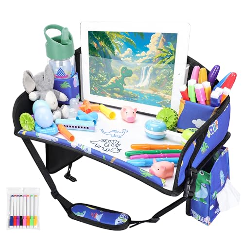 Kids Travel Tray for Airplane - Toddler Car Seat Table Tray, Road Trip Essentials for Boys & Girls, Carseat Lap Desk for Kids Road Trip Activities,Blue Dinosaur - color: Blue Dinosaur