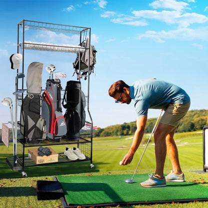 SmarketBuy Golf Bag Storage Organizer for Garage – 3 Golf Bags Rack with Wheels, Heavy Duty Steel Golf Equipment Storage Stand with Club Display Shelf & 4 Hooks, 300 lbs Capacity