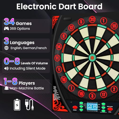Electronic Dart Boards for Adults with Illuminated Number Ring&Backlit LED Display, Digital Dart Board Electronic with 34 Games&369 Options, Electronic Soft Tip Dart Board Set for 1-8 Players