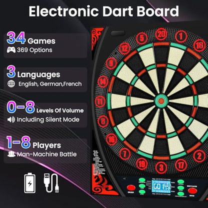 Electronic Dart Boards for Adults with Illuminated Number Ring&Backlit LED Display, Digital Dart Board Electronic with 34 Games&369 Options, Electronic Soft Tip Dart Board Set for 1-8 Players
