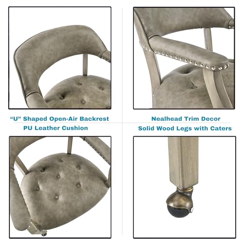 Set of 4 Dining Chair with Casters, Accent Captains Leather Chairs with Wheels & Arms,Wheeled Roller Wood Chairs for Kitchen & Game Poker Table,Antique Grey(NO Table!) - color: Antique Grey