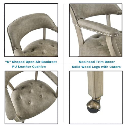Set of 4 Dining Chair with Casters, Accent Captains Leather Chairs with Wheels & Arms,Wheeled Roller Wood Chairs for Kitchen & Game Poker Table,Antique Grey(NO Table!) - color: Antique Grey
