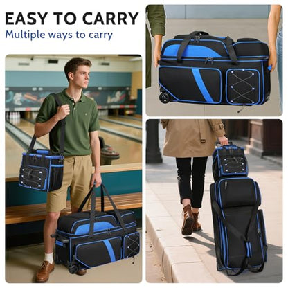 4 Ball Bowling Bag with Wheels, 3 Ball Bowling Bags Roller with 1 Ball Add On Bag, Multi-Pockets & Shoe Compartment (Fits Up to Size 16) - color: Blue