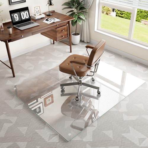 46"x46" Chair Mat for Carpet, Tempered Glass Office Chair Mat with Round Corner, Desk Floor Mat for Office Chair/Rolling Chair/Hardwood Floor with 6 Anti-Slip Pads - size: 46x46