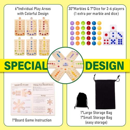 WodGod Original Marble Board Game Set, Portable Wooden Tabletop Game with 30 Marbles and 7 Dice for Family Party Nights (2-6 Players)
