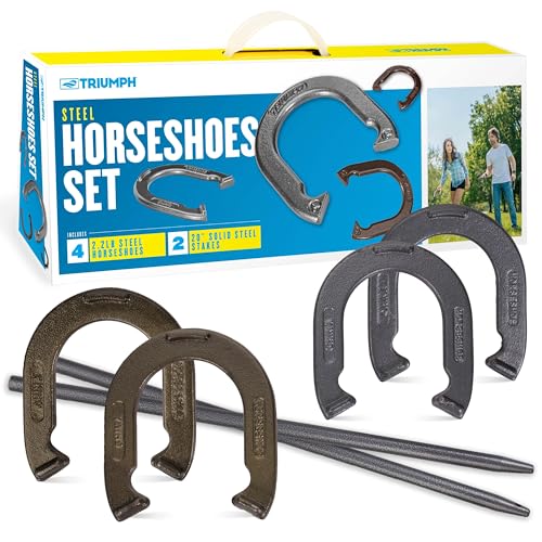 Triumph Forged and Steel Horseshoe Set Complete with 4 Horseshoes, 2 Stakes - Patriotic or Blue and Grey Colors - Perfect Addition for Parties and Outdoor Gatherings - color: Steel Gold & Silver