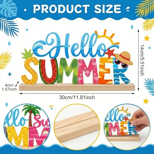 Hello Summer Table Decorations Summer Tropical Metal Table Sign Beach Holiday Tabletop Centerpiece Beach Tiered Tray Decor for Home Kitchen Mantel Party Centerpieces - style: Hello Summer
