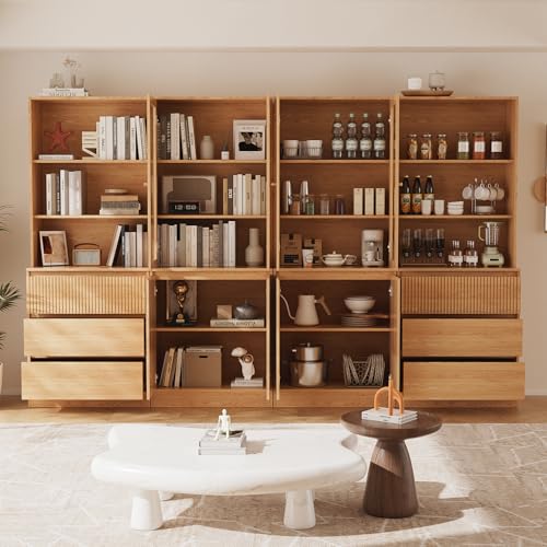 TUSY Tall Bookcase with Glass Doors and Drawers,71'' Wooden Bookshelf with Storage,Display Cabinet for Living Room, Home Office,Set of 2 (A+B)