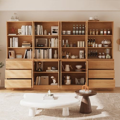 TUSY Tall Bookcase with Glass Doors and Drawers,71'' Wooden Bookshelf with Storage,Display Cabinet for Living Room, Home Office,Set of 2 (A+B)