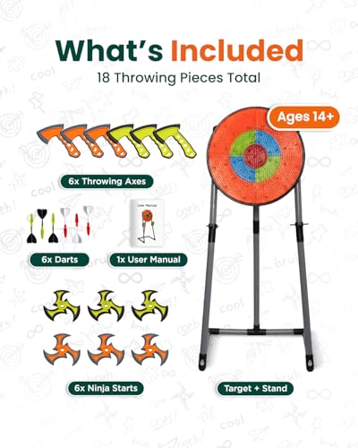 GIRAFFYCO Axe Throwing Game Set for Backyard, Target Stand with 6 Axes, 6 Throwing Stars & 6 Dart-Style Pieces, Indoor/Outdoor Yard Game for Kids, Teens, Adults & Family Play
