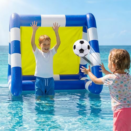 Funscape Kids Soccer Pool Toy, 2-in-1 Inflatable Float Soccer Goal & Ball Toss Water Game, Toddler Outdoor Football Backyard Game, Summer Beach Pool Party Gift 3 4 5 6 7 8 10 12 Year Old Boy Girl Teen - style: Striped Pattern