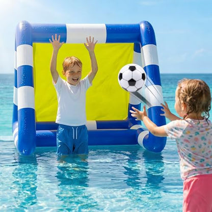 Funscape Kids Soccer Pool Toy, 2-in-1 Inflatable Float Soccer Goal & Ball Toss Water Game, Toddler Outdoor Football Backyard Game, Summer Beach Pool Party Gift 3 4 5 6 7 8 10 12 Year Old Boy Girl Teen - style: Striped Pattern