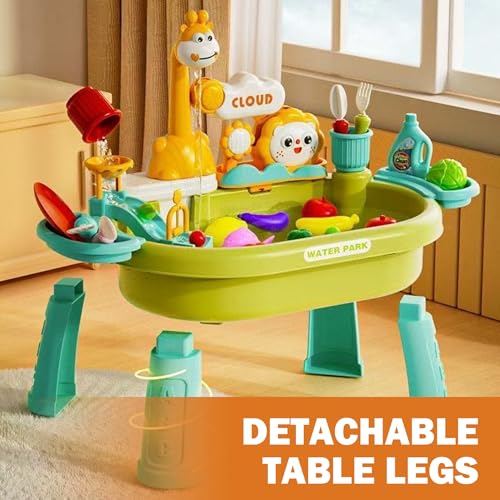 Toy Sink with Running Water, Multi-Play Toddler Water Table with Circulating Faucet, Detachable Legs, Green (4 Rechargeable AA Batteries & Screwdriver Included). - color: Green