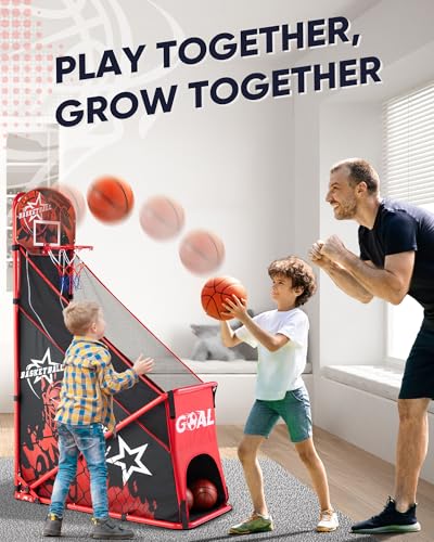 Foldable Basketball Arcade Game for Kids: 2 in 1 Basketball Hoop and Soccer Goal Set with Sturdy Metal Frame - Portable Indoor Outdoor Sports Toys for Boys Girls Ages 3-8