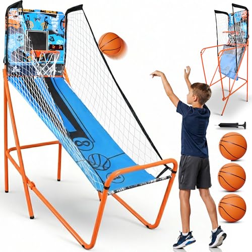 SereneLife Dual Shot Basketball Arcade Game with Electronic Scorer, 8 Game Modes, Indoor Outdoor 2 Player Basketball Shooting Game, Foldable Arcade Set with 5 Balls and Pump - style: Single Hoop
