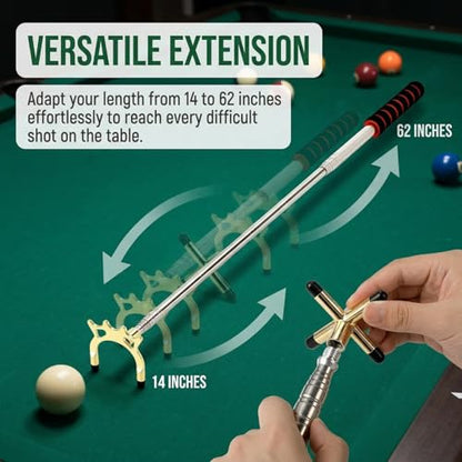 Pumtus Retractable Pool Cue Bridge, Billiards Cue Rest with 3 Pieces Removable Alloy Bridge Head, Snooker Pool Cue Bridge Stick, Billiards Table Accessories for Pool Table, Game, Competition