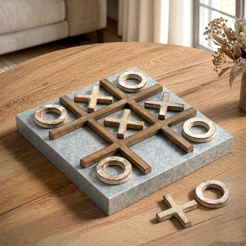 American Art Decor Magnetic Tic Tac Toe Board Game Set - Wall Mounted or Coffee Table Decor - Family, Kids & Adult Tabletop Puzzles for Game Night (Silver & Wood, 15" x 15" x 1.5") - color: Silver/Brown
